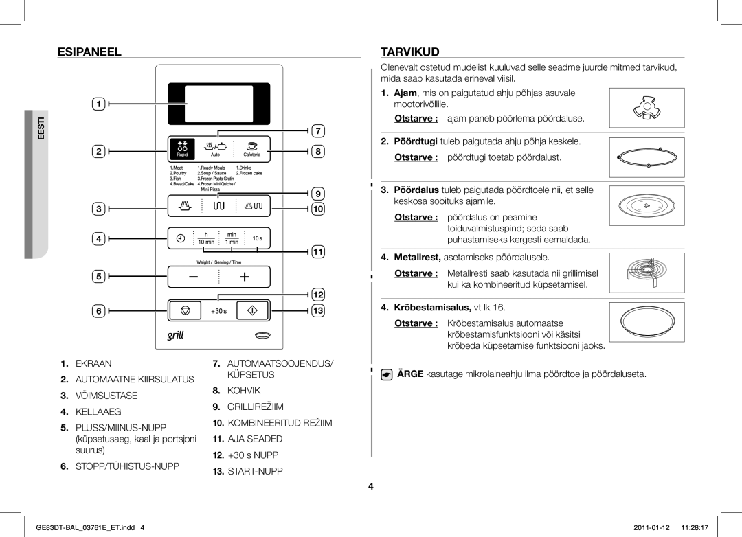 Samsung GE83DT/BAL manual Esipaneel, Tarvikud, Krõbestamisalus, vt lk Otstarve 