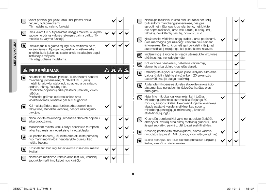 Samsung GE83DT/BAL manual Perspėjimas, Tik integruotiems modeliams 