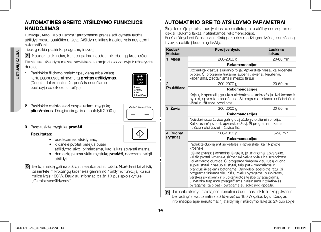 Samsung GE83DT/BAL Automatinės Greito Atšildymo Funkcijos Naudojimas, Automatinio Greito Atšildymo Parametrai, Rezultatas 