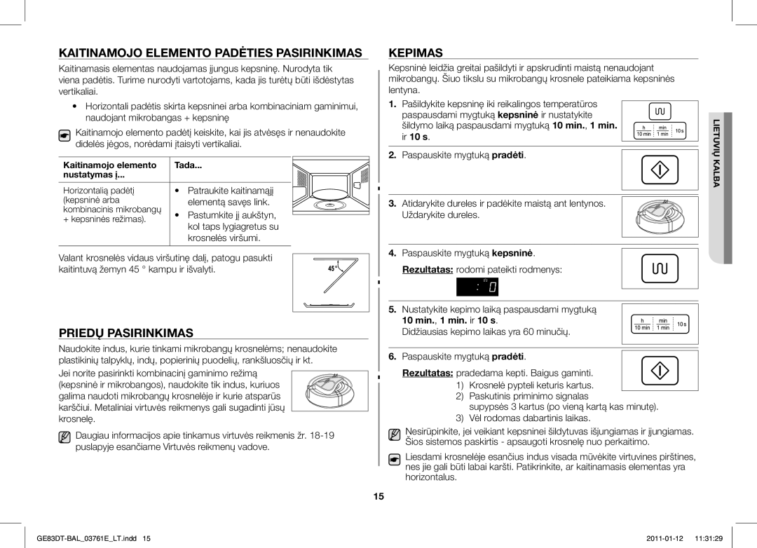 Samsung GE83DT/BAL manual Kaitinamojo Elemento Padėties Pasirinkimas, Priedų Pasirinkimas, Kepimas 