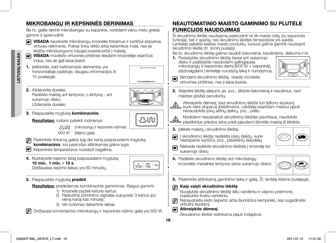 Samsung GE83DT/BAL manual Mikrobangų IR Kepsninės Derinimas, Kaip valyti skrudinimo lėkštę, Atkreipkite dėmesį 