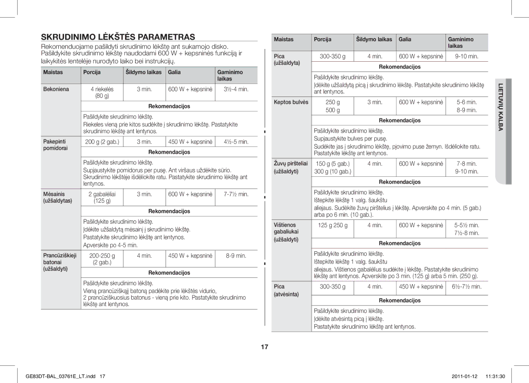 Samsung GE83DT/BAL manual Skrudinimo Lėkštės Parametras, Lentynos, Ant lentynos, Arba po 6 min gab 