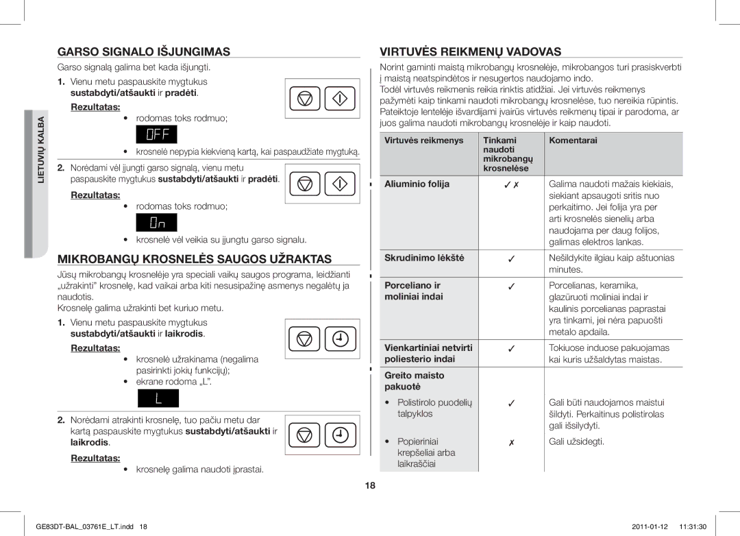 Samsung GE83DT/BAL manual Garso Signalo Išjungimas, Mikrobangų Krosnelės Saugos Užraktas, Virtuvės Reikmenų Vadovas 