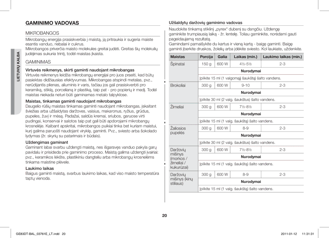 Samsung GE83DT/BAL manual Gaminimo Vadovas, Mikrobangos, Gaminimas, Špinatai 