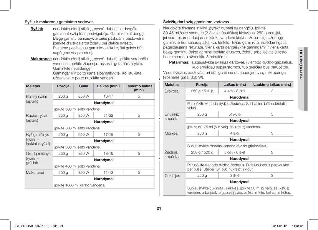 Samsung GE83DT/BAL Baltieji ryžiai, Apvirti, Rudieji ryžiai, Ryžių mišinys, Ryžiai +, Laukiniai ryžiai, Grūdų mišinys 