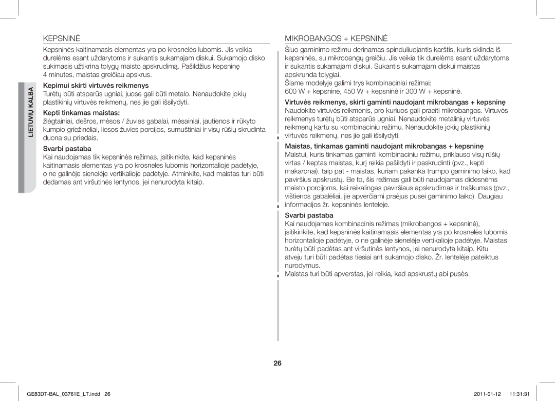 Samsung GE83DT/BAL manual Mikrobangos + Kepsninė 