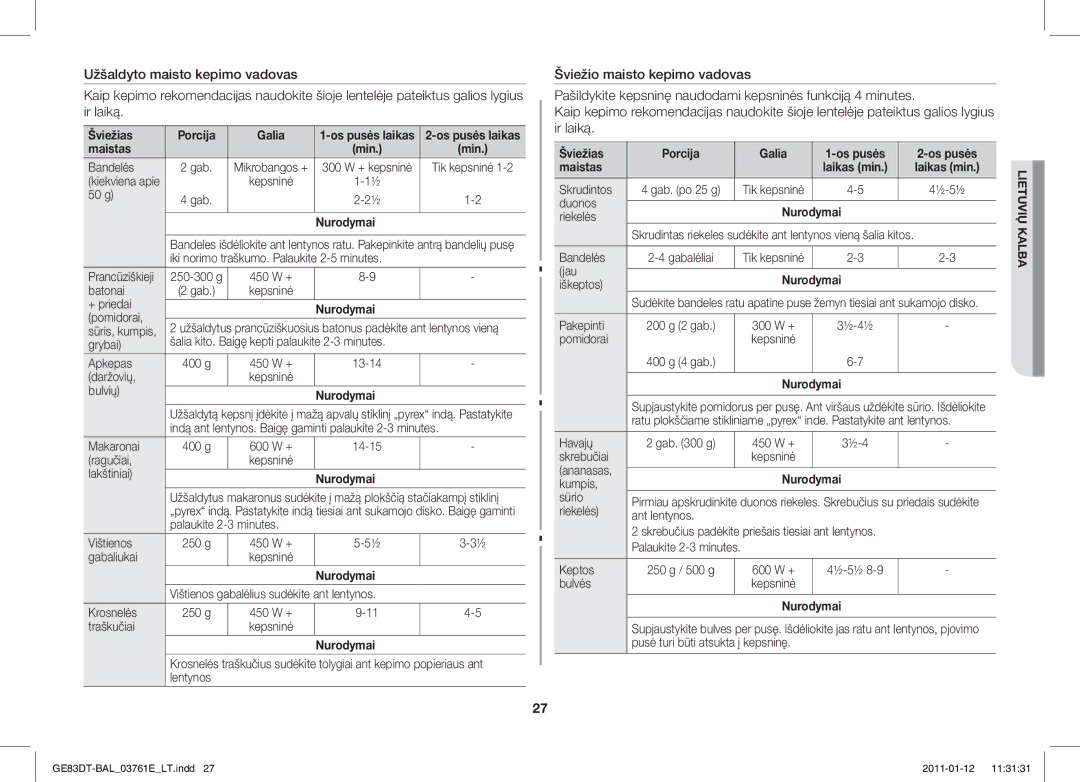 Samsung GE83DT/BAL 50 g, Batonai, + priedai, Pomidorai, Grybai, Daržovių, Bulvių, Makaronai, Ragučiai, Lakštiniai, Jau 