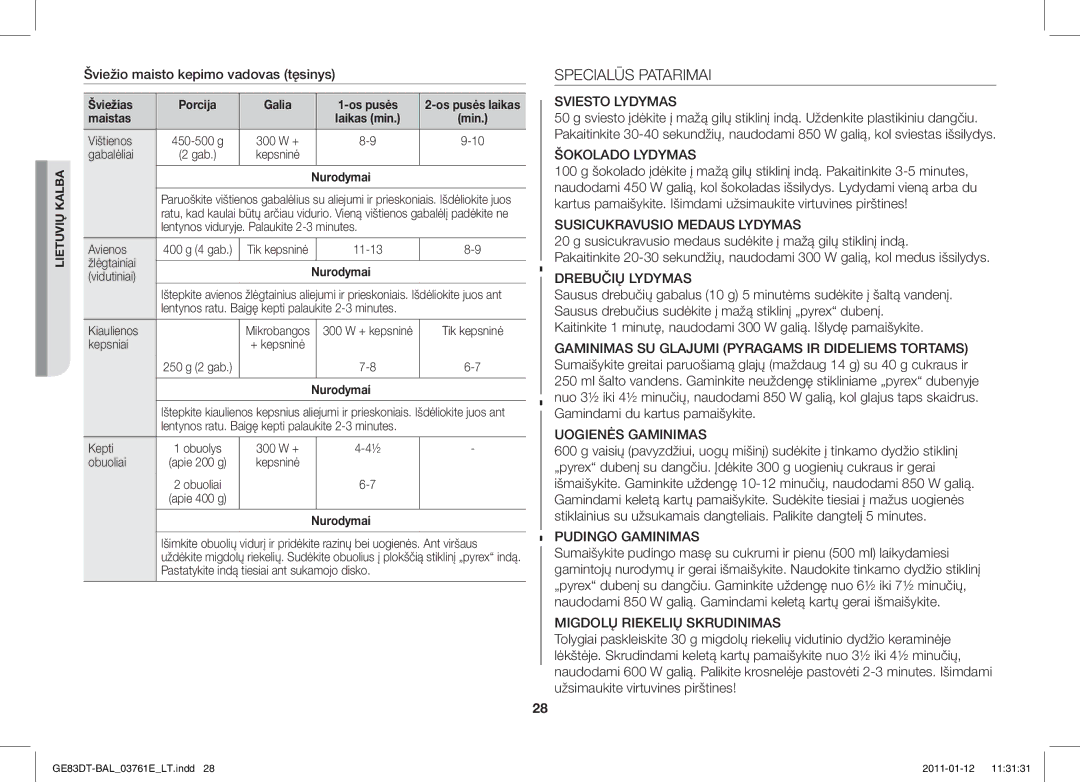 Samsung GE83DT/BAL manual Specialūs Patarimai, Šviežio maisto kepimo vadovas tęsinys 