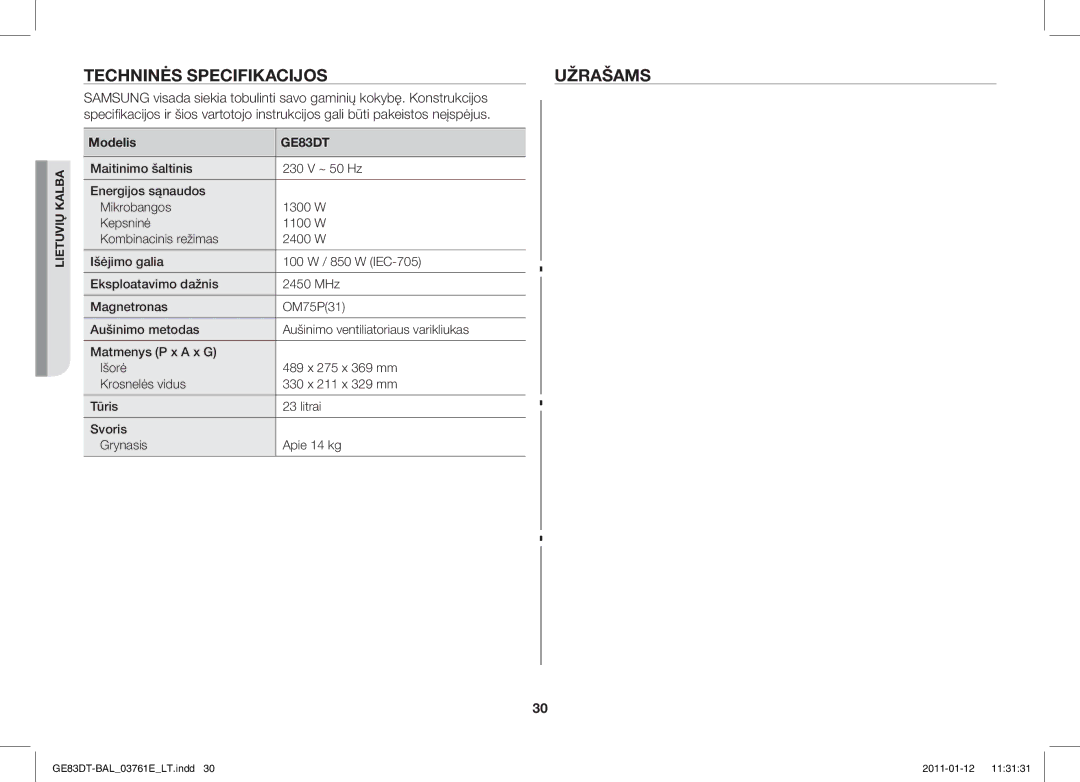 Samsung GE83DT/BAL manual Techninės Specifikacijos Užrašams 