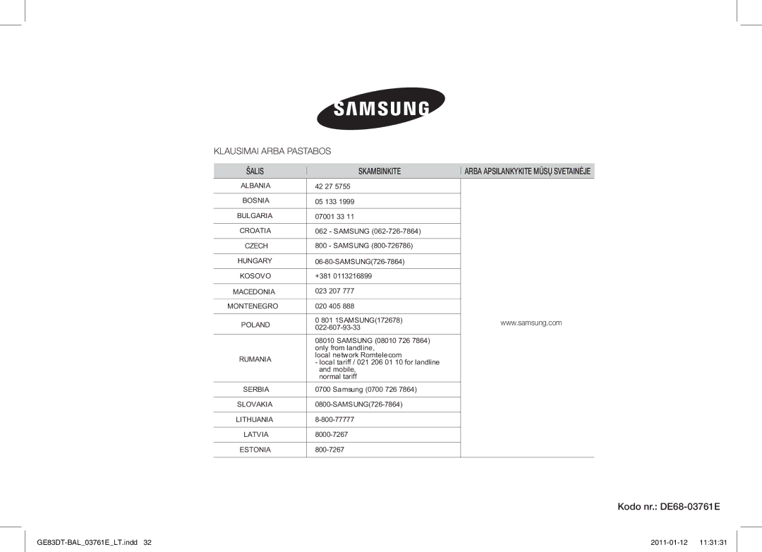 Samsung GE83DT/BAL manual Kodo nr. DE68-03761E, Skambinkite 