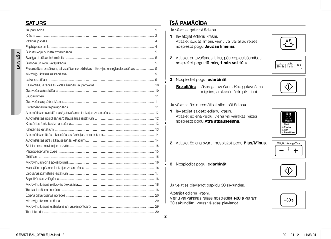 Samsung GE83DT/BAL manual Saturs, ĪSĀ Pamācība, Nospiediet pogu Iedarbināt 