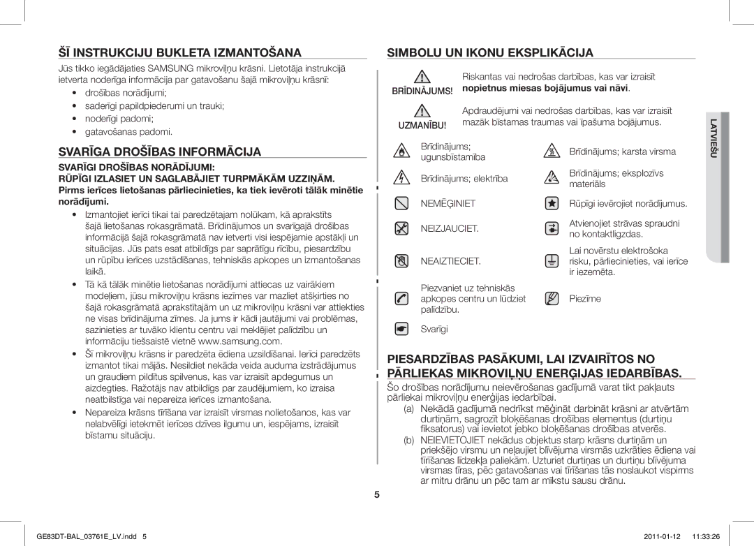 Samsung GE83DT/BAL manual ŠĪ Instrukciju Bukleta Izmantošana, Simbolu UN Ikonu Eksplikācija, Svarīga Drošības Informācija 