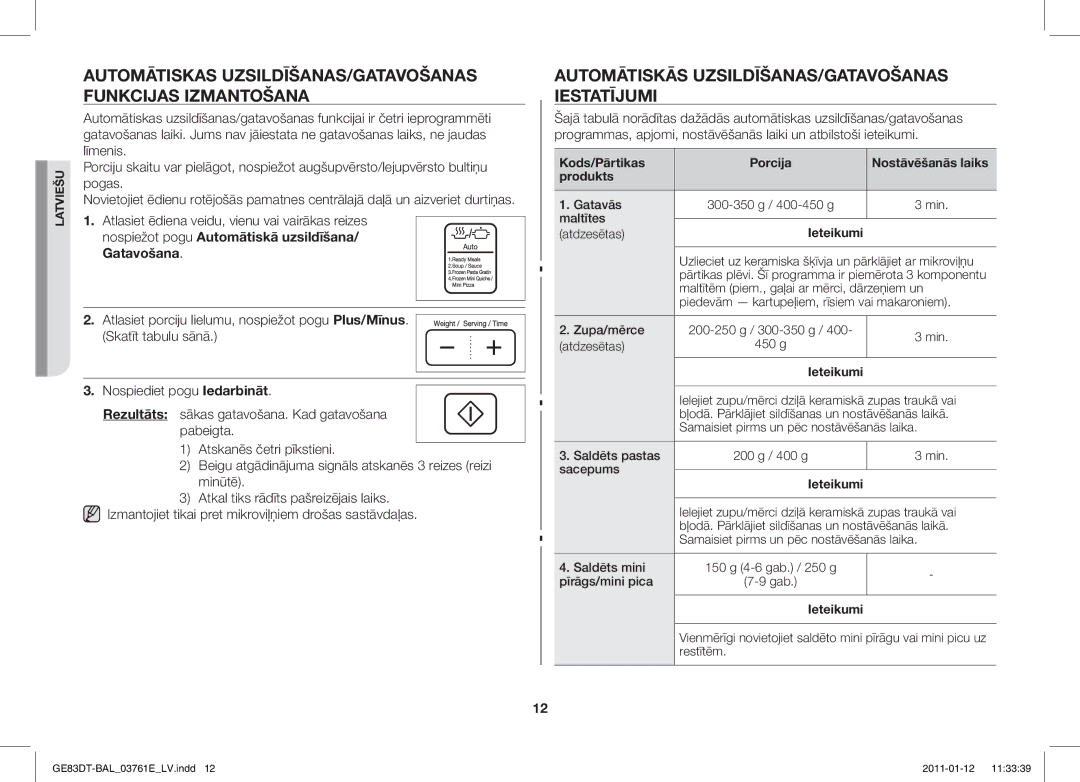 Samsung GE83DT/BAL manual Automātiskas UZSILDĪŠANAS/GATAVOŠANAS Funkcijas Izmantošana 