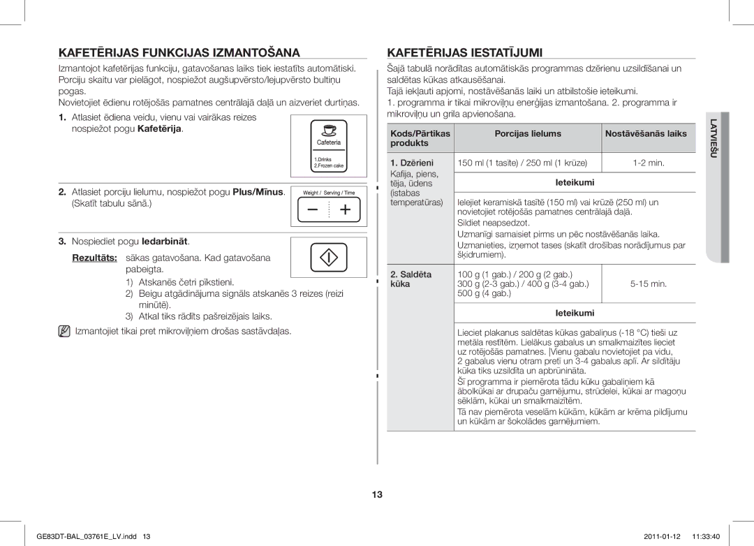 Samsung GE83DT/BAL manual Kafetērijas Funkcijas Izmantošana, Kafetērijas Iestatījumi 