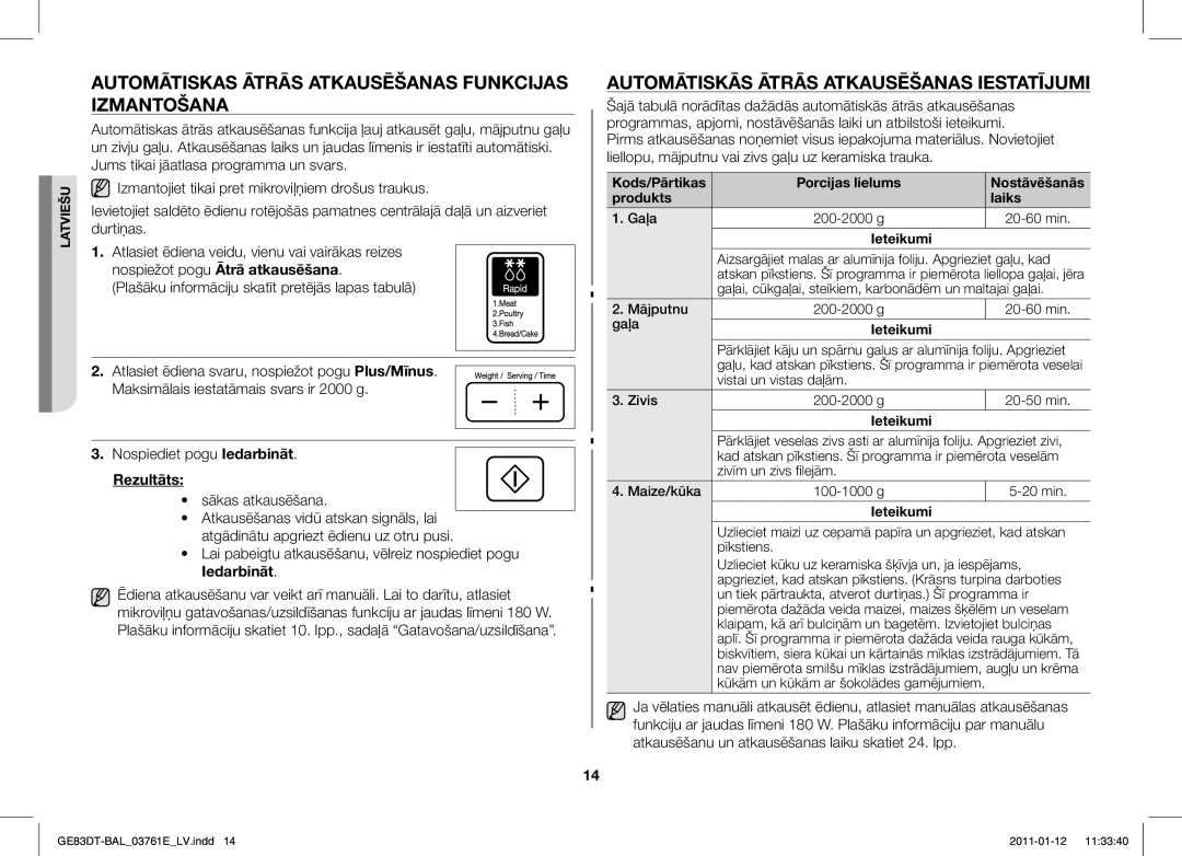 Samsung GE83DT/BAL Automātiskas Ātrās Atkausēšanas Funkcijas Izmantošana, Automātiskās Ātrās Atkausēšanas Iestatījumi 