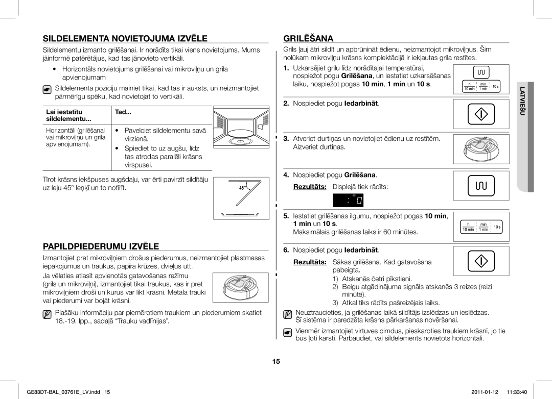 Samsung GE83DT/BAL manual Sildelementa Novietojuma Izvēle, Papildpiederumu Izvēle, Grilēšana 