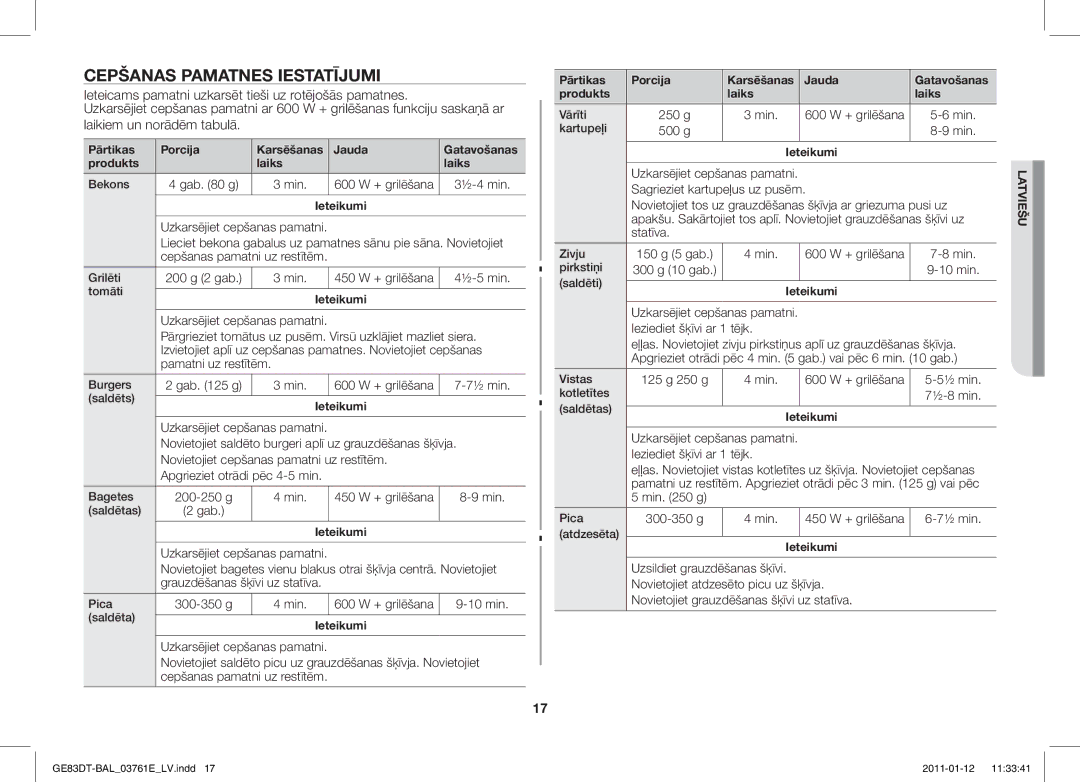 Samsung GE83DT/BAL manual Cepšanas Pamatnes Iestatījumi 