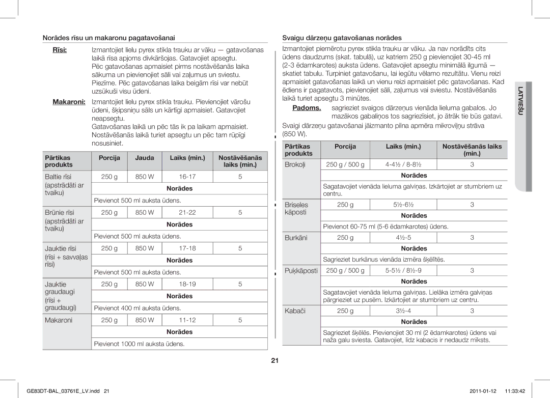 Samsung GE83DT/BAL manual Baltie rīsi, Apstrādāti ar, Tvaiku, Brūnie rīsi, Jauktie rīsi, Rīsi + Graudaugi, Makaroni 