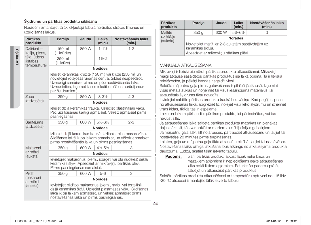 Samsung GE83DT/BAL manual Manuāla Atkausēšana 