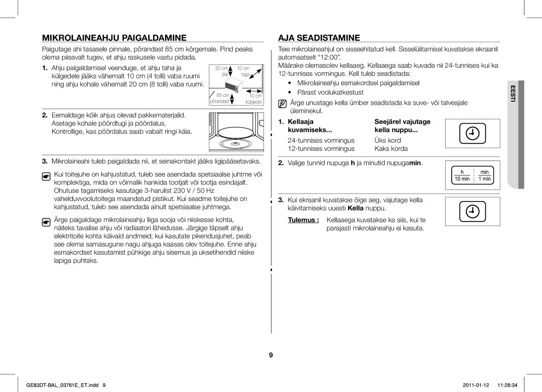 Samsung GE83DT/BAL manual Mikrolaineahju Paigaldamine, AJA Seadistamine, Kellaaja, Kuvamiseks Kella nuppu 