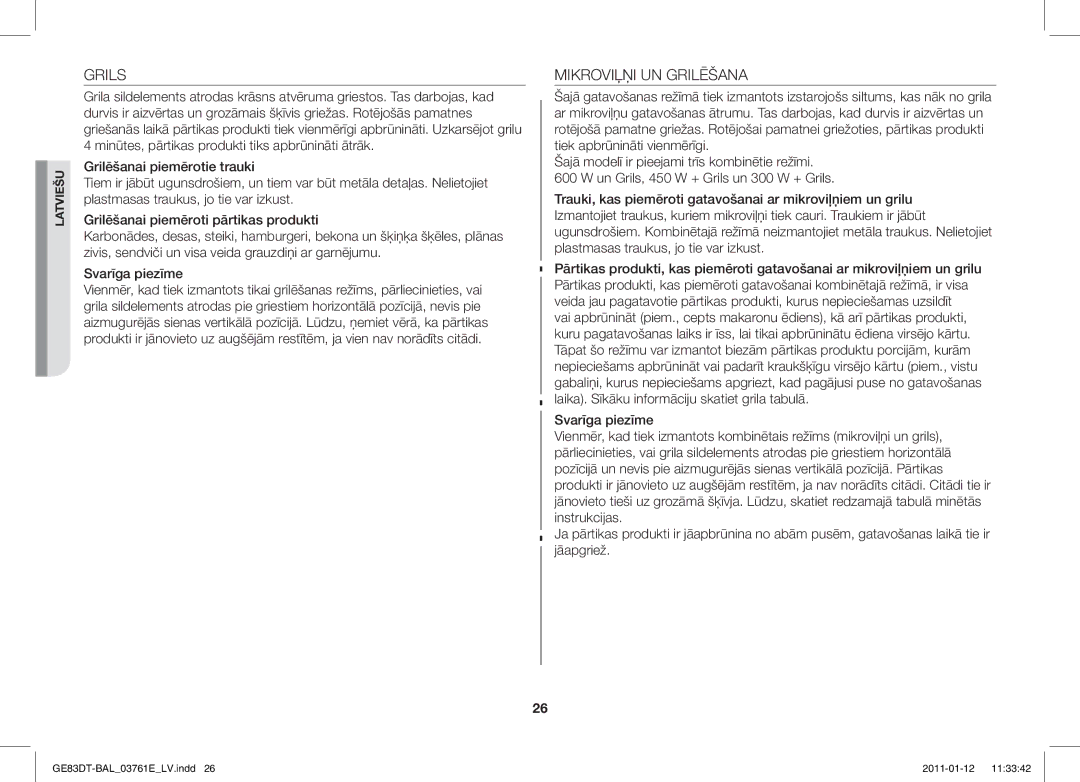 Samsung GE83DT/BAL manual Grils, Mikroviļņi UN Grilēšana 