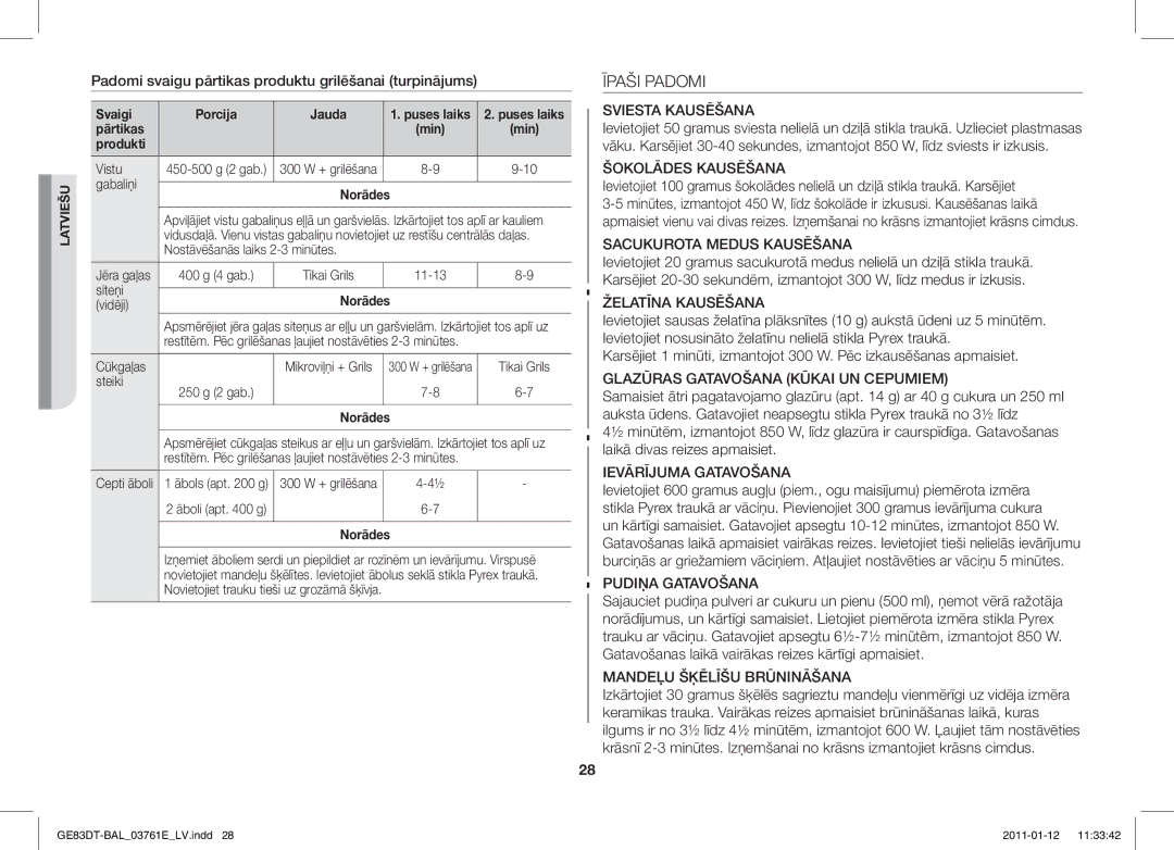 Samsung GE83DT/BAL manual Īpaši Padomi, Padomi svaigu pārtikas produktu grilēšanai turpinājums 