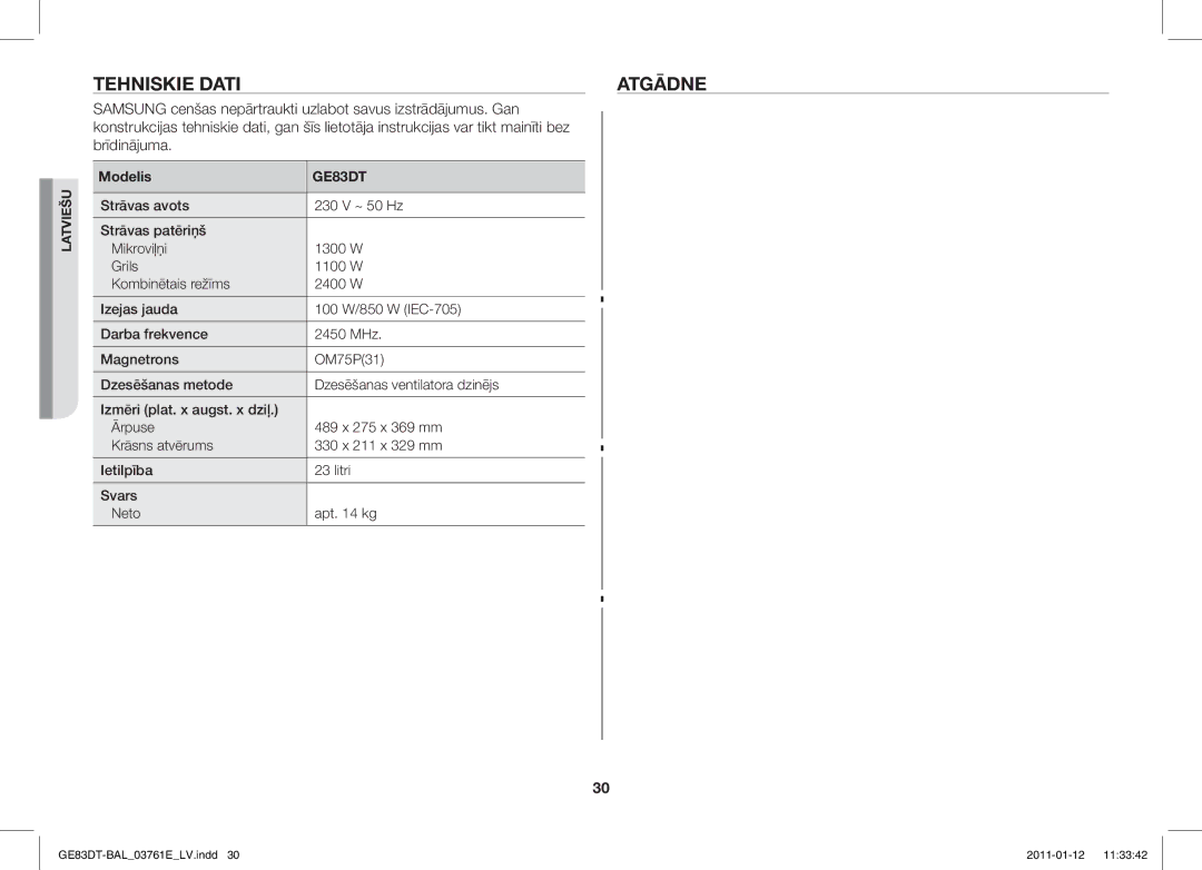 Samsung GE83DT/BAL manual Tehniskie Datiatgādne 