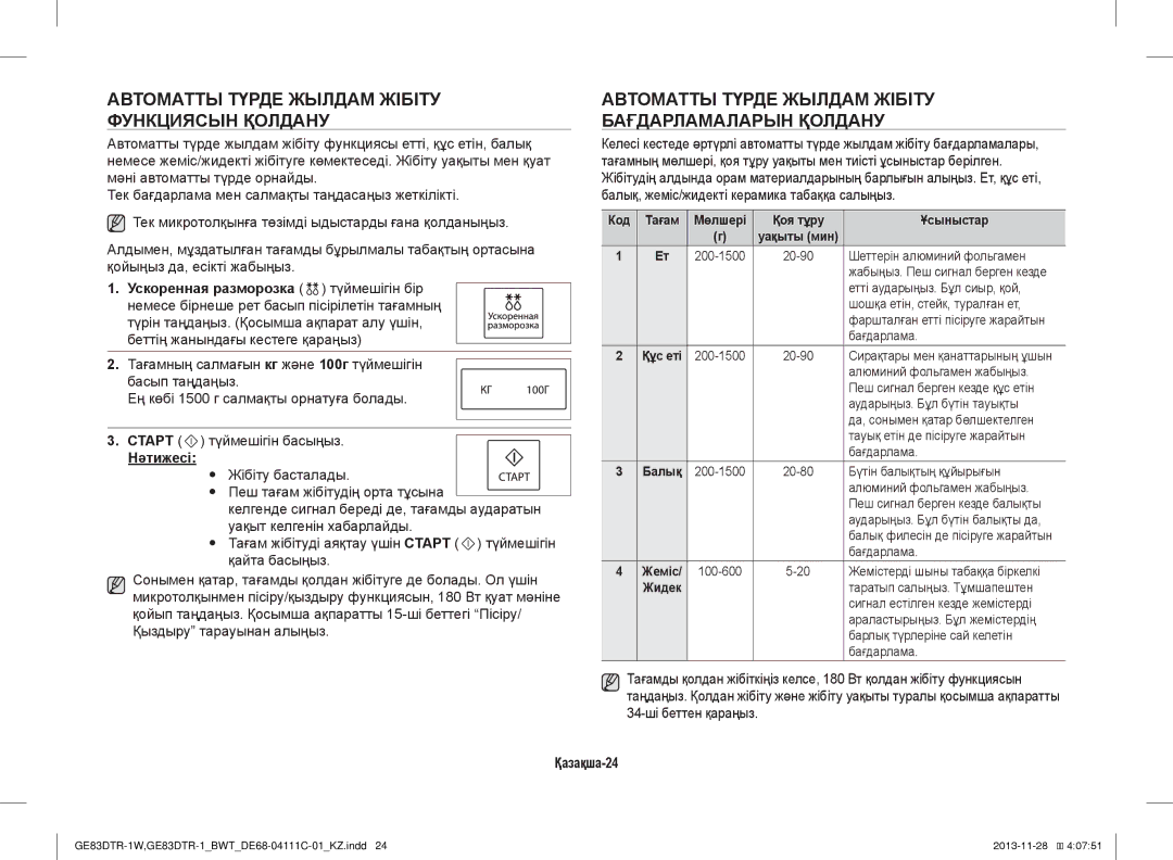 Samsung GE83DTR-1/BWT Автоматты Түрде Жылдам Жібіту Функциясын Қолдану, Ускоренная разморозка түймешігін бір, Қазақша-24 