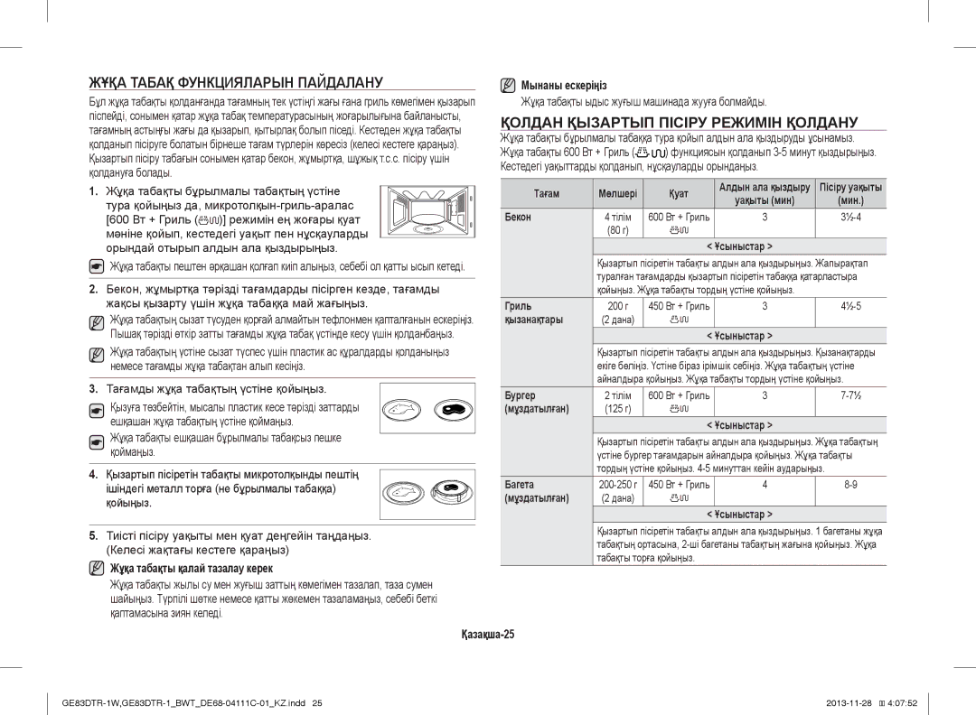 Samsung GE83DTR-1W/BWT manual Жұқа Табақ Функцияларын Пайдалану, Қолдан Қызартып Пісіру Режимін Қолдану, Мынаны ескеріңіз 