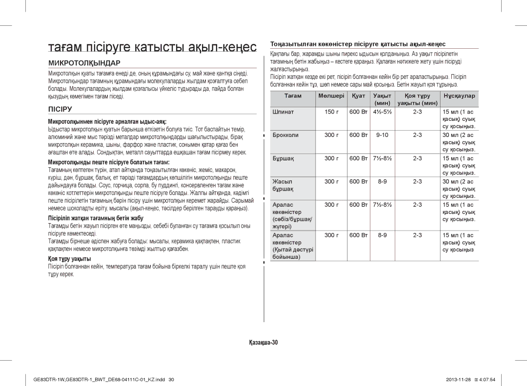 Samsung GE83DTR-1/BWT, GE83DTR-1W/BWT manual Тағам пісіруге катысты ақыл-кеңес, Микротолқындар, Пісіру 