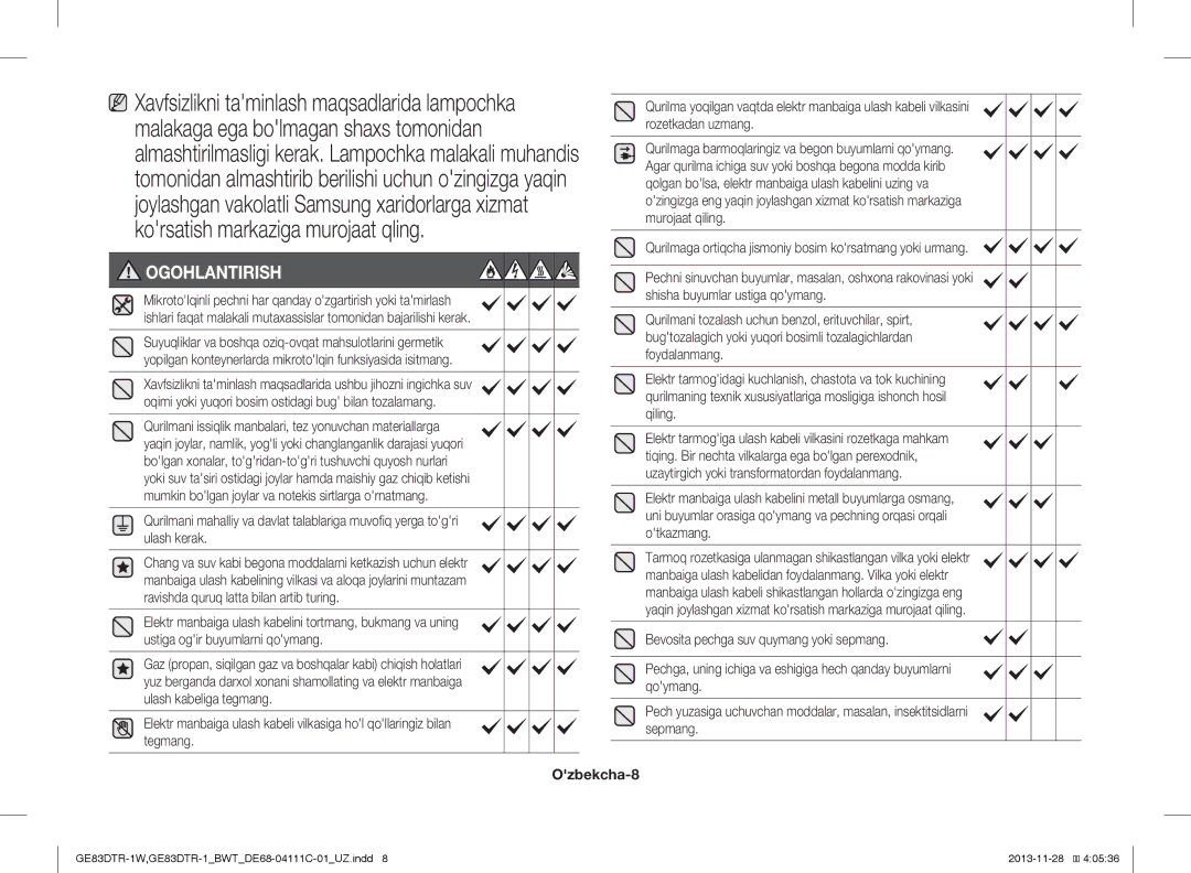 Samsung GE83DTR-1/BWT, GE83DTR-1W/BWT manual Ogohlantirish, Ozbekcha-8 