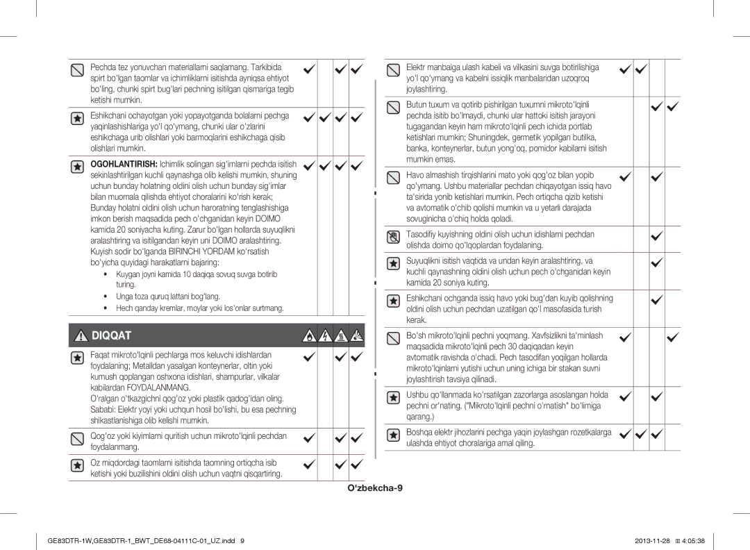 Samsung GE83DTR-1W/BWT, GE83DTR-1/BWT manual Diqqat, Ozbekcha-9 