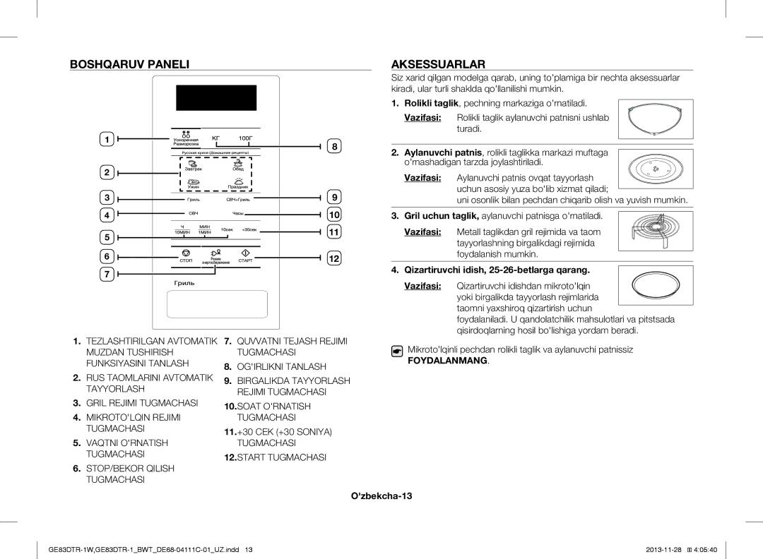 Samsung GE83DTR-1W/BWT manual Boshqaruv Paneli Aksessuarlar, Soat Ornatish Tugmachasi, Start Tugmachasi, Ozbekcha-13 