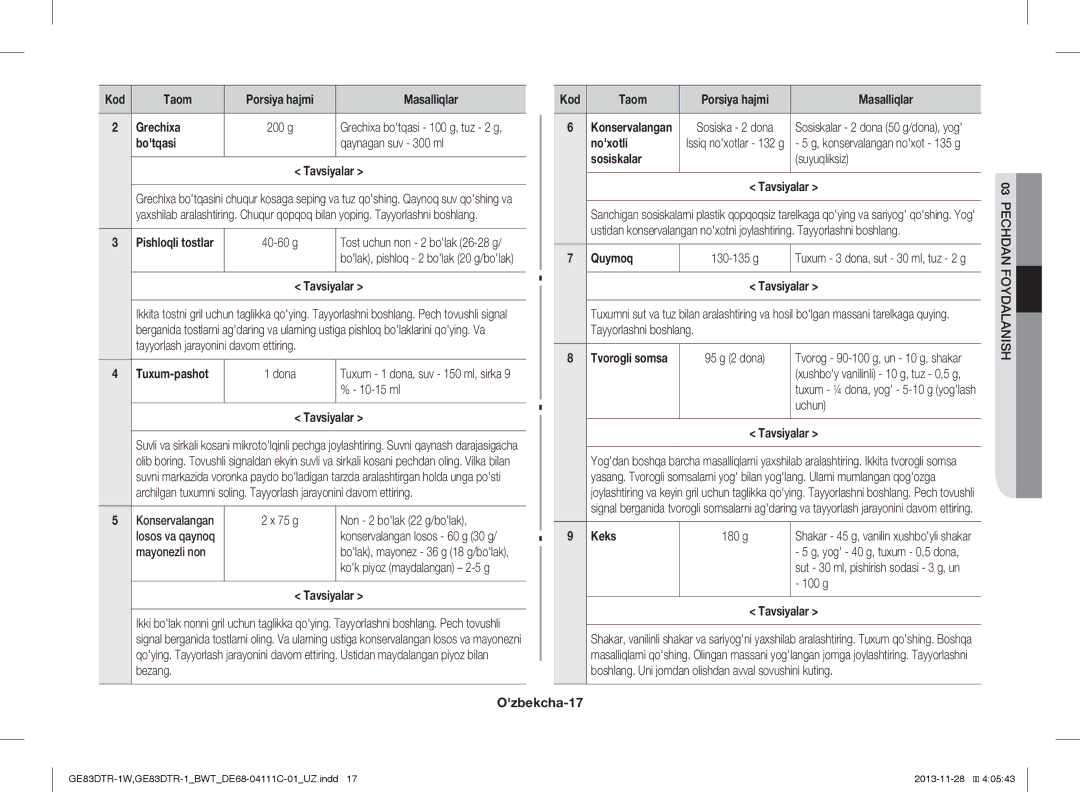 Samsung GE83DTR-1W/BWT manual Masalliqlar Kod Taom, Grechixa, Botqasi, Noxotli, Sosiskalar, Quymoq, Keks, Ozbekcha-17 