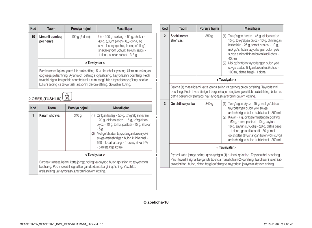 Samsung GE83DTR-1/BWT, GE83DTR-1W/BWT manual 190 g 5 dona, Pechenye, Dona, shakar kukuni 3-5 g, Обед Tushlik, Ozbekcha-18 