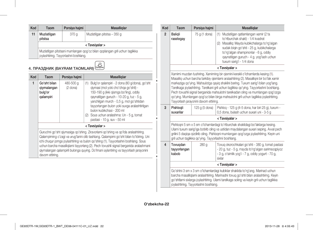 Samsung GE83DTR-1/BWT manual Muzlatilgan pitstsa 350 g, Pitstsa Tavsiyalar, Праздник Bayram Taomlari, Ozbekcha-22 