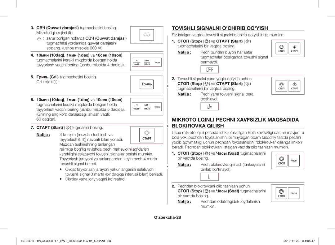 Samsung GE83DTR-1/BWT manual Tovishli Signalni Ochirib Qoyish, Mikrotolqinli Pechni Xavfsizlik Maqsadida, Blokirovka Qilish 