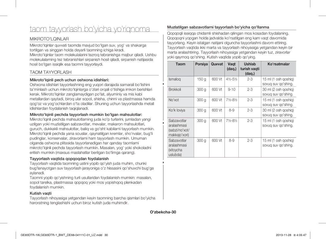 Samsung GE83DTR-1/BWT Taom tayyorlash boyicha yoriqnoma, Mikrotolqinlar, Taom Tayyorlash, Quvvat Vaqt Ushlab Korsatmalar 