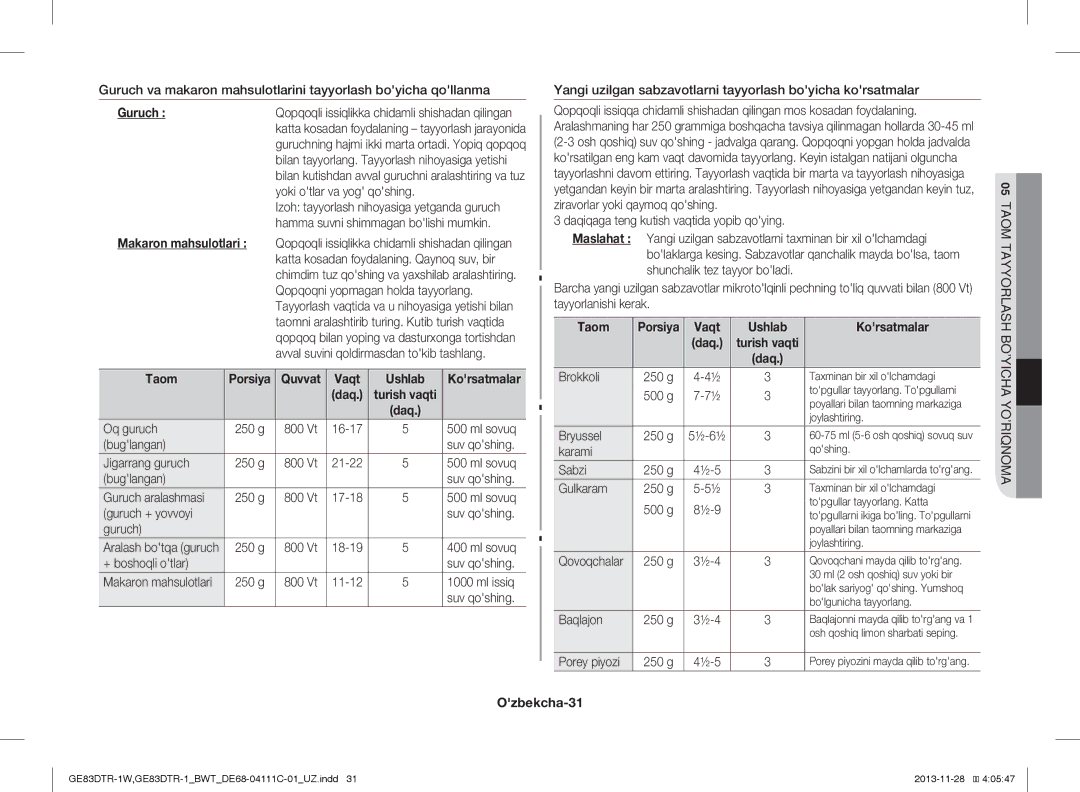 Samsung GE83DTR-1W/BWT, GE83DTR-1/BWT manual Guruch, Makaron mahsulotlari, Quvvat, Vaqt Ushlab Korsatmalar, Ozbekcha-31 