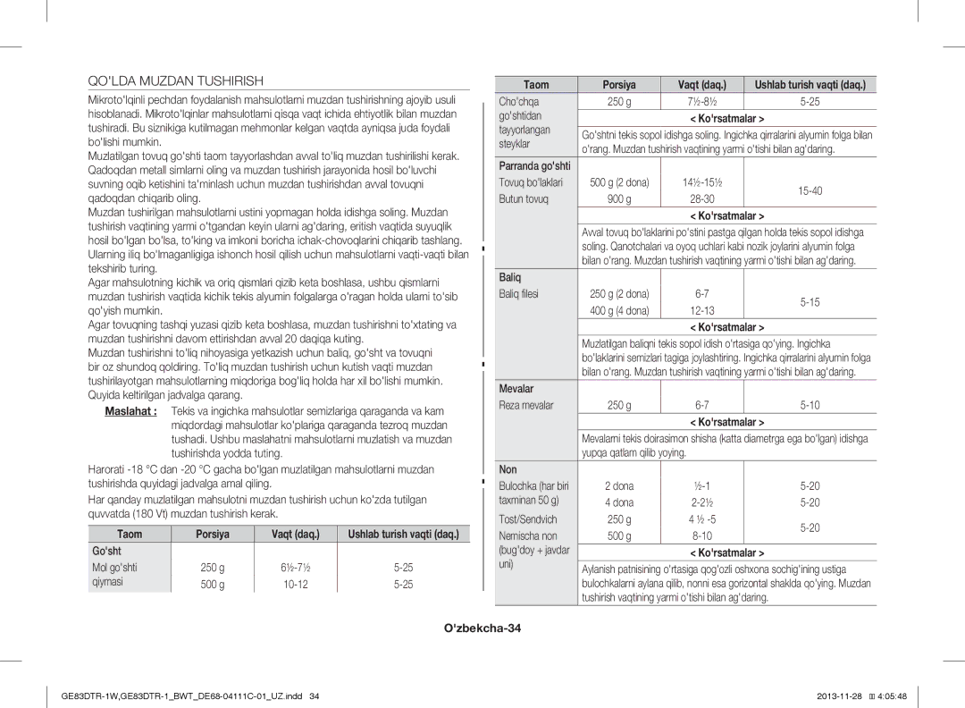 Samsung GE83DTR-1/BWT, GE83DTR-1W/BWT manual Qolda Muzdan Tushirish, Taom Porsiya Vaqt daq, Ozbekcha-34 