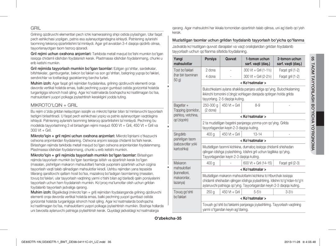 Samsung GE83DTR-1W/BWT, GE83DTR-1/BWT manual Mikrotolqin + Gril, Yangi, Mahsulotlar, Ozbekcha-35 