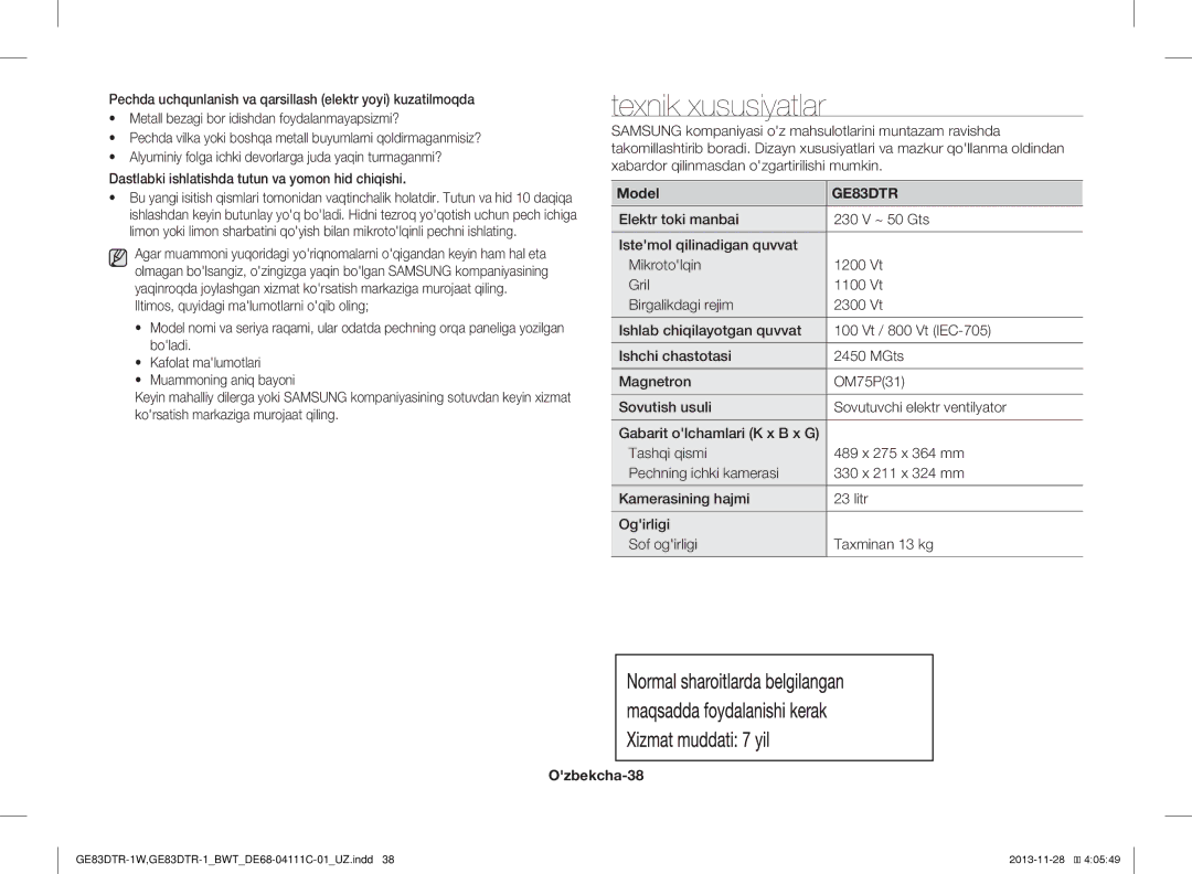 Samsung GE83DTR-1/BWT, GE83DTR-1W/BWT manual Texnik xususiyatlar, Model, Ozbekcha-38 