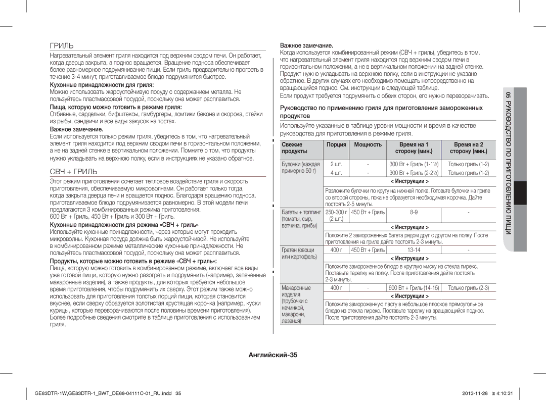 Samsung GE83DTR-1W/BWT, GE83DTR-1/BWT manual СВЧ + Гриль, Кухонные принадлежности для гриля, Английский-35 