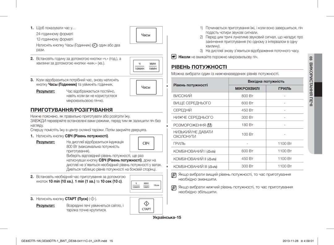 Samsung GE83DTR-1W/BWT Рівень Потужності, Приготування/Розігрівання, Натисніть кнопку СВЧ Рівень потужності, Українська-15 