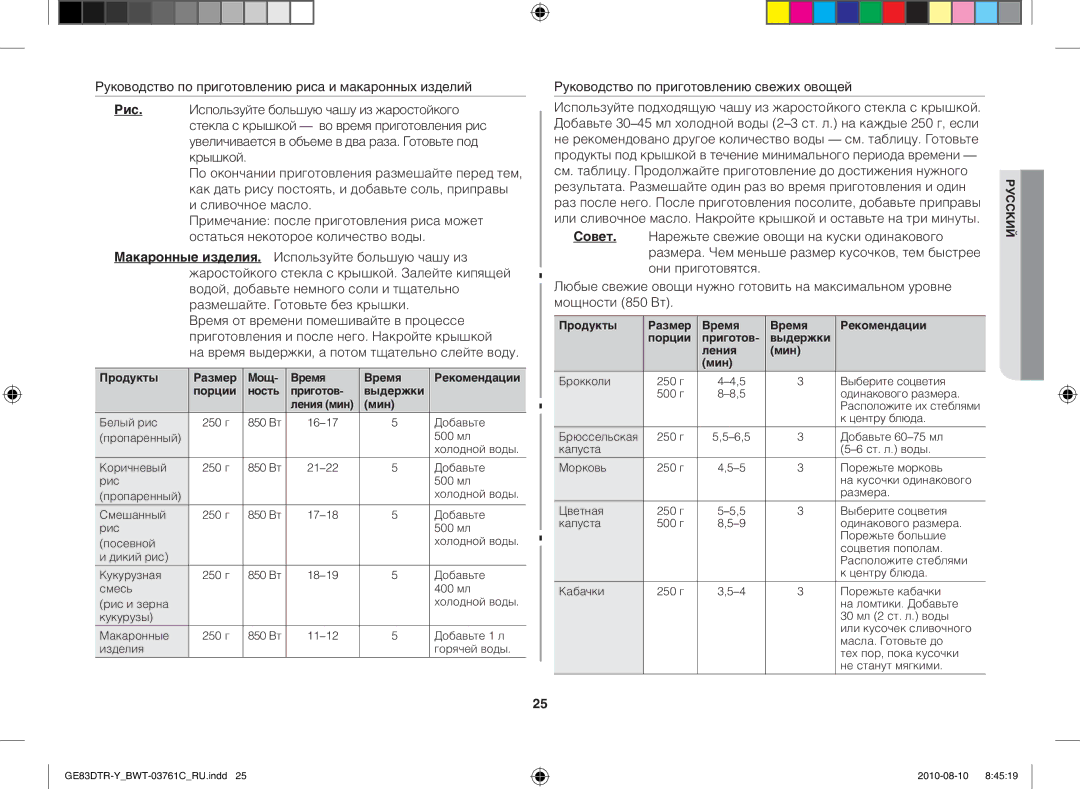 Samsung GE83DTR-W/BWT manual Руководство по приготовлению свежих овощей, Продукты Размер Время Рекомендации 