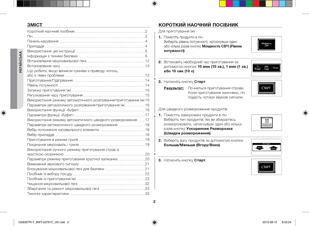 Samsung GE83DTR-W/BWT manual Зміст, Короткий наочний посібник, Або 10 сек 10 с 