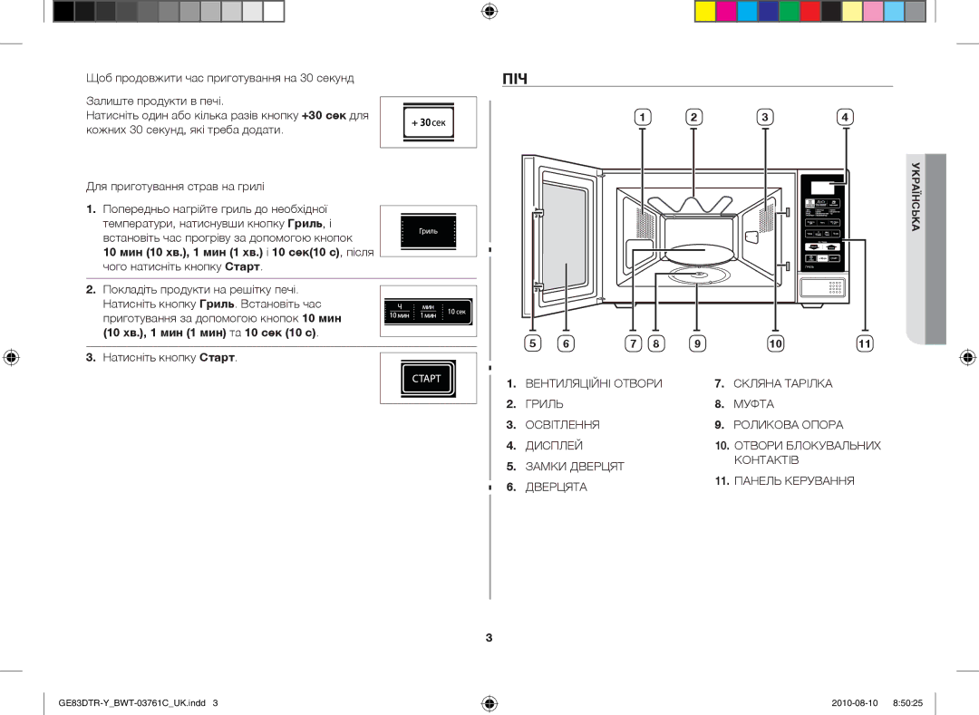 Samsung GE83DTR-W/BWT manual Піч, Покладіть продукти на решітку печі 