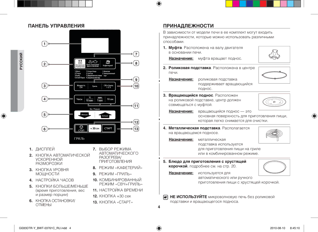 Samsung GE83DTR-W/BWT manual Панель управления, Принадлежности, Металлическая подставка. Располагается 