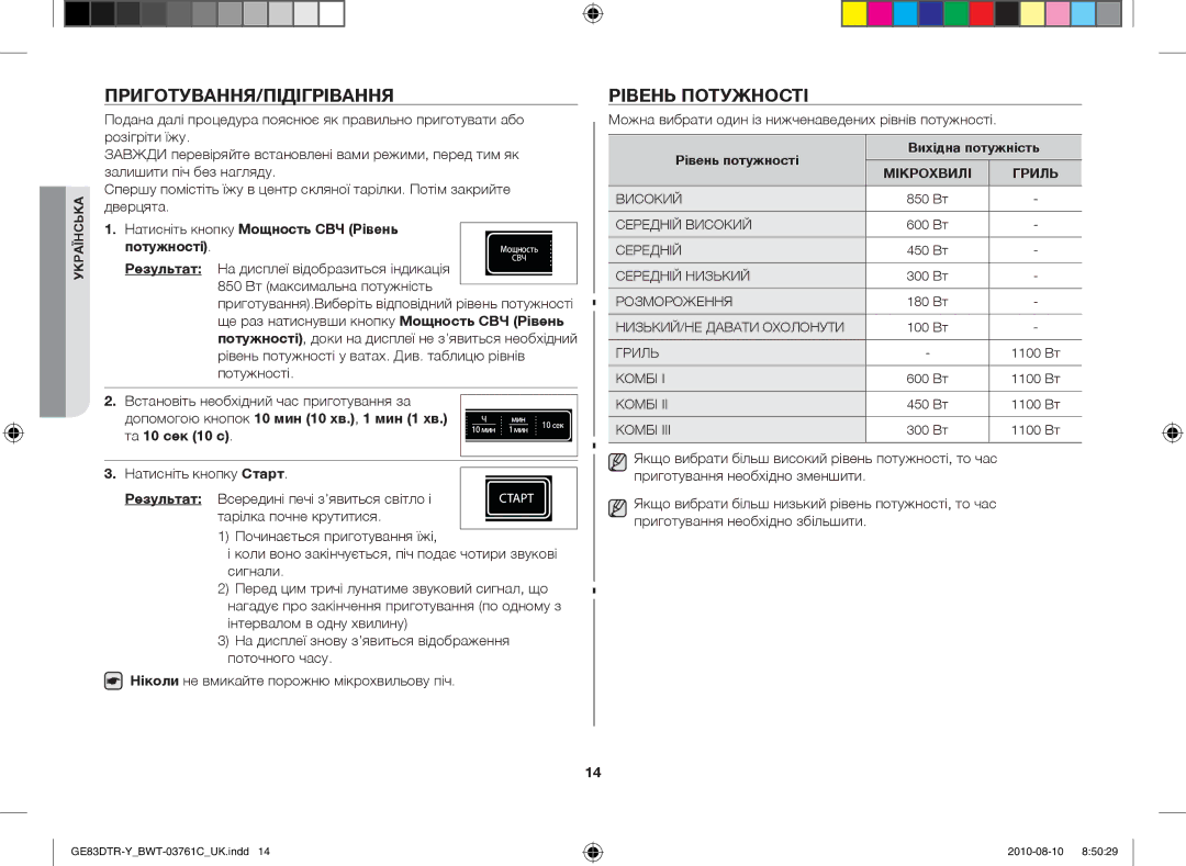 Samsung GE83DTR-W/BWT manual Приготування/Підігрівання, Рівень потужності, Натисніть кнопку Мощность СВЧ Рівень Потужності 