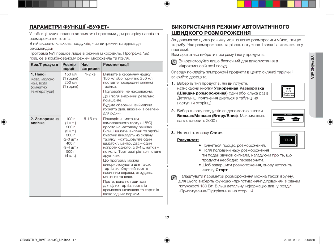 Samsung GE83DTR-W/BWT manual Параметри функції «буфет», Використання режиму автоматичного швидкого розмороження 